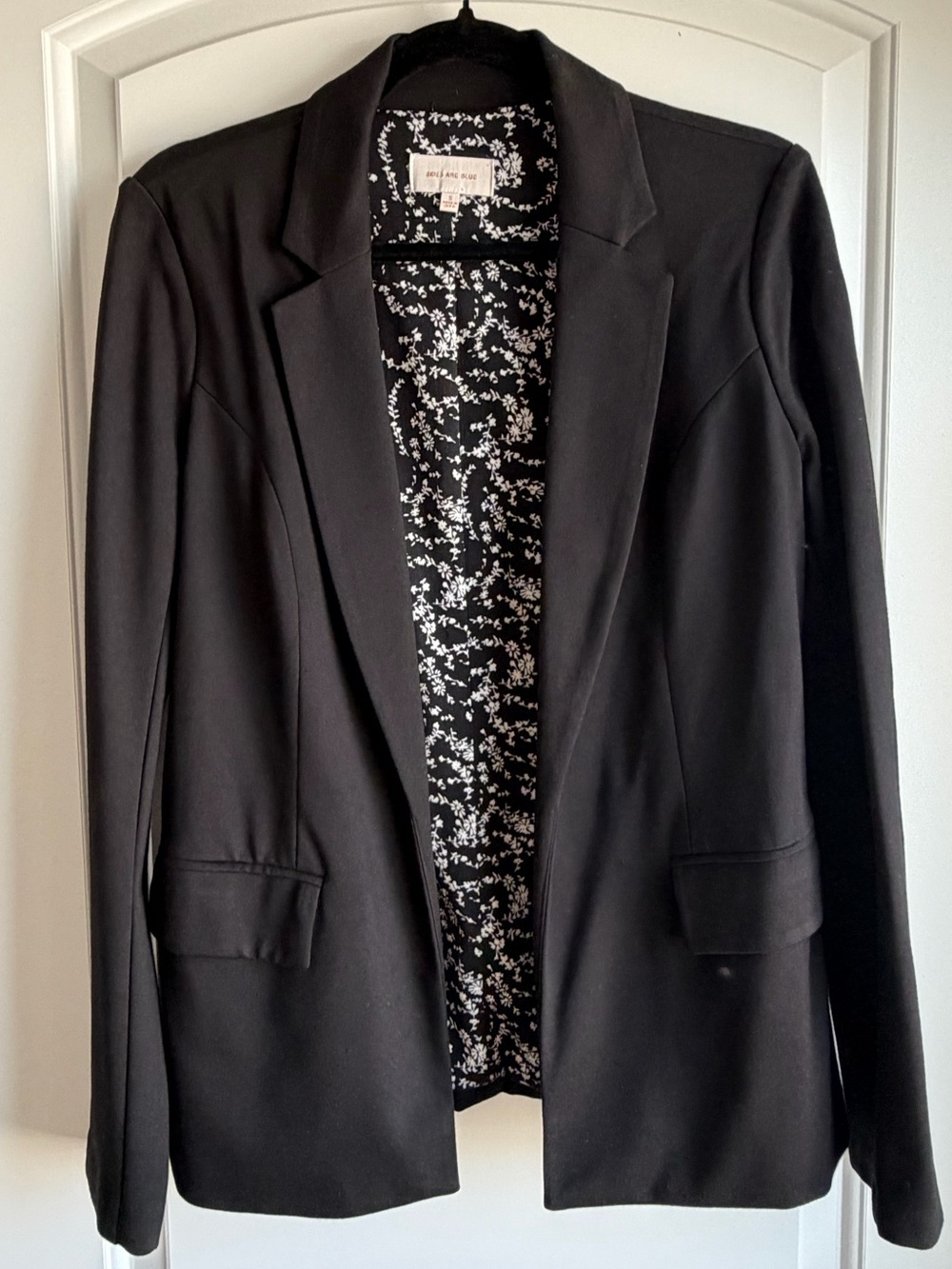 SKIES ARE BLUE Black Open-Front Knit Tailored Blazer with Floral Lining Sz Small